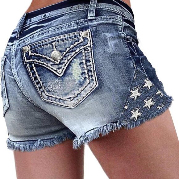 New Ripped Denim Women's Jean Shorts M Mid Blue Classic Stretchy